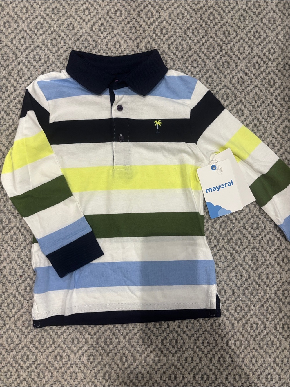 Mayoral Striped Long-Sleeve Polo in Navy, White, Light Blue, Yellow, Green